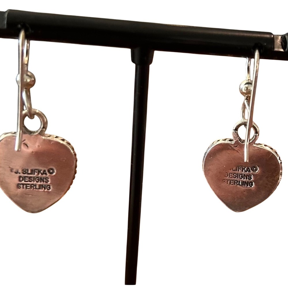 Joan Slifka Sterling Silver Plum Carved Heart Dangle Earrings Signed Hallmarked - Picture 7 of 10